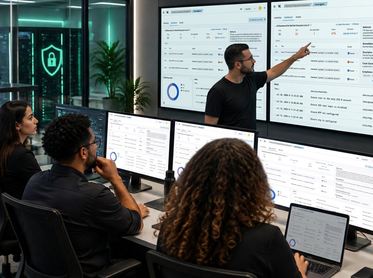 Equipe de tecnologia em treinamento prático de monitoramento e resposta a incidentes